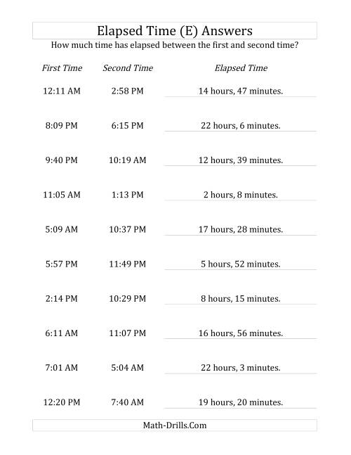 The Elapsed Time up to 24 Hours in 1 Minute Intervals (E) Math Worksheet Page 2