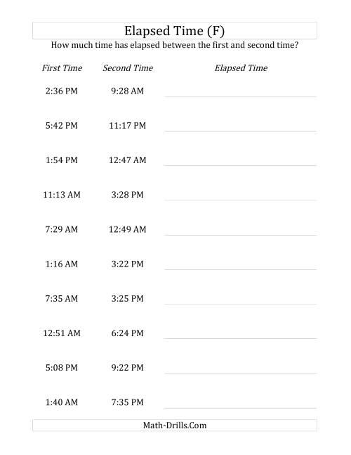 The Elapsed Time up to 24 Hours in 1 Minute Intervals (F) Math Worksheet