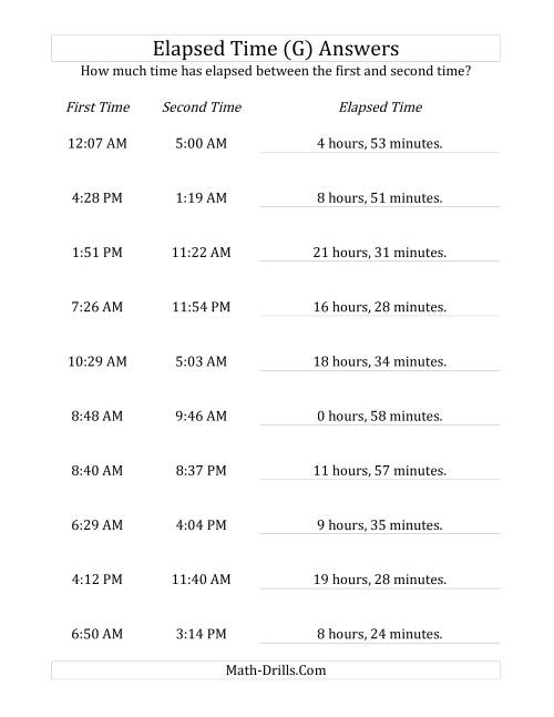The Elapsed Time up to 24 Hours in 1 Minute Intervals (G) Math Worksheet Page 2