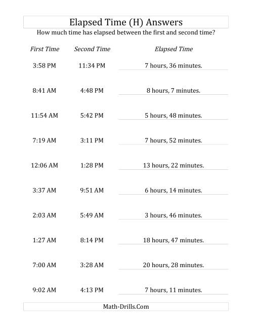 The Elapsed Time up to 24 Hours in 1 Minute Intervals (H) Math Worksheet Page 2