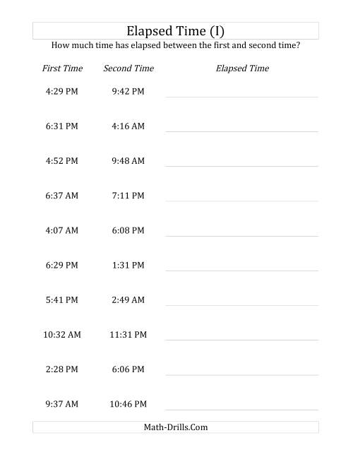 The Elapsed Time up to 24 Hours in 1 Minute Intervals (I) Math Worksheet