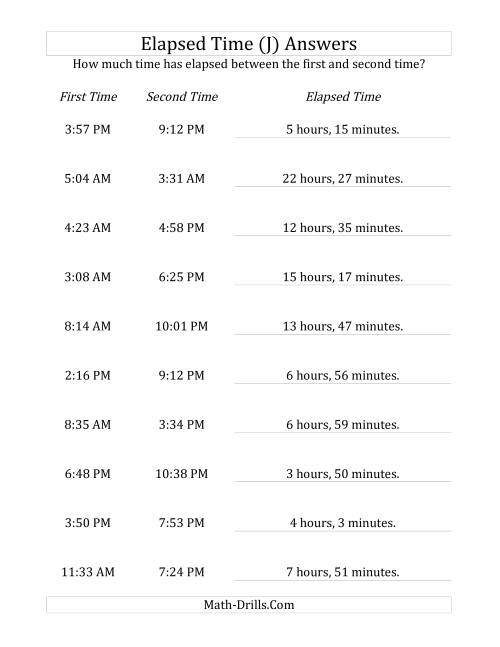 The Elapsed Time up to 24 Hours in 1 Minute Intervals (J) Math Worksheet Page 2