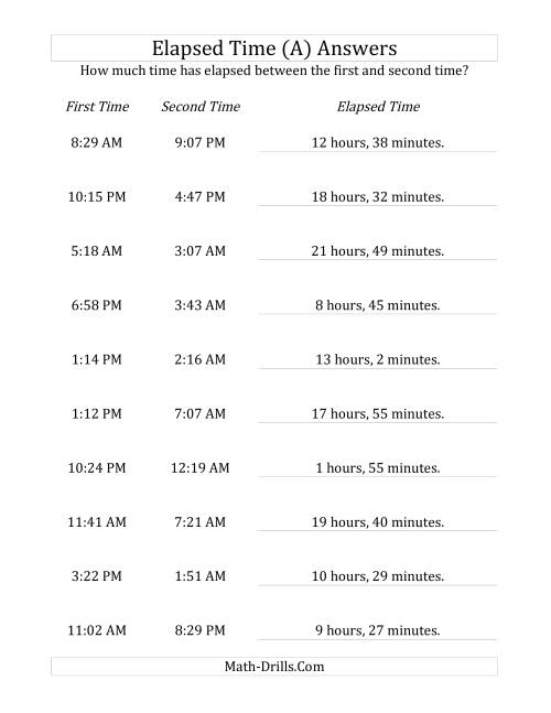 The Elapsed Time up to 24 Hours in 1 Minute Intervals (All) Math Worksheet Page 2