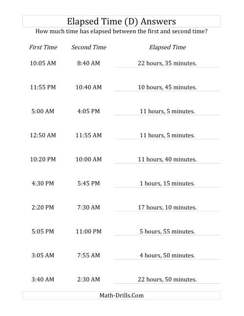 The Elapsed Time up to 24 Hours in 5 Minute Intervals (D) Math Worksheet Page 2