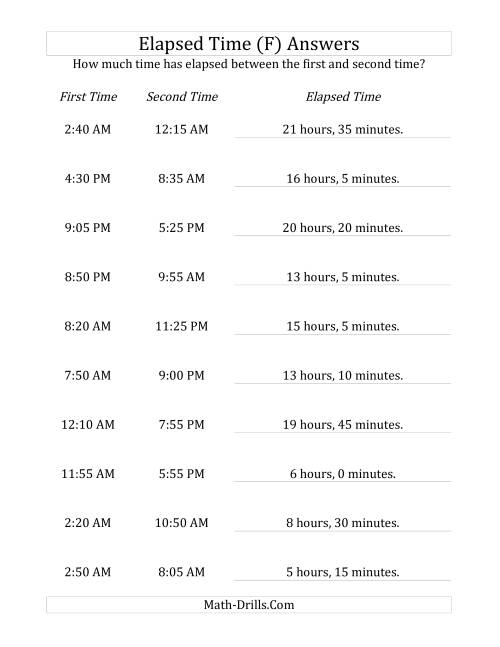 The Elapsed Time up to 24 Hours in 5 Minute Intervals (F) Math Worksheet Page 2