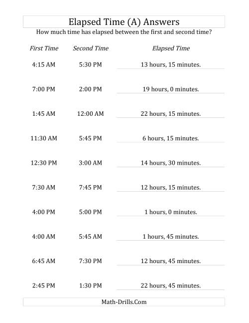 The Elapsed Time up to 24 Hours in 15 Minute Intervals (A) Math Worksheet Page 2