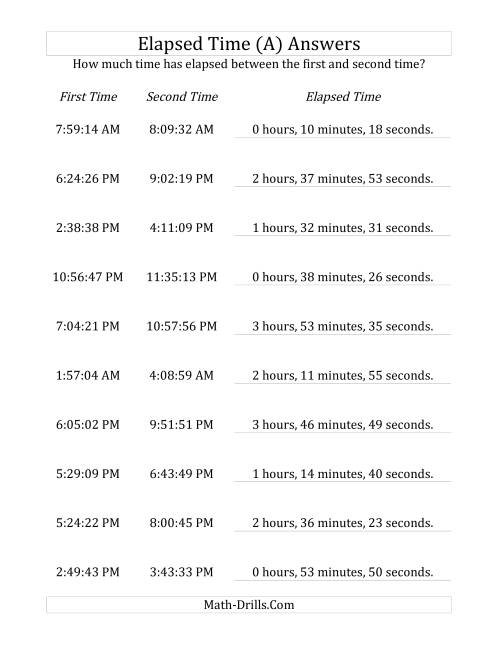 The Elapsed Time up to 5 Hours in 1 Minute and 1 Second Intervals (A) Math Worksheet Page 2
