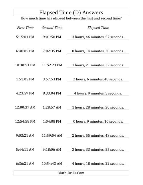 The Elapsed Time up to 5 Hours in 1 Minute and 1 Second Intervals (D) Math Worksheet Page 2