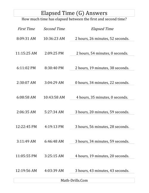 The Elapsed Time up to 5 Hours in 1 Minute and 1 Second Intervals (G) Math Worksheet Page 2