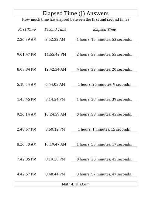 The Elapsed Time up to 5 Hours in 1 Minute and 1 Second Intervals (J) Math Worksheet Page 2
