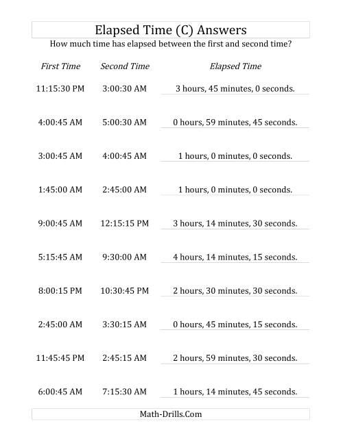The Elapsed Time up to 5 Hours in 15 Minute and 15 Second Intervals (C) Math Worksheet Page 2