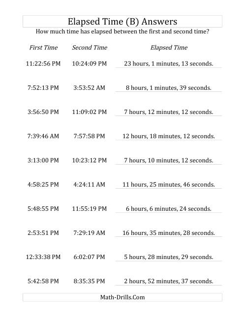 The Elapsed Time up to 24 Hours in 1 Minute and 1 Second Intervals (B) Math Worksheet Page 2