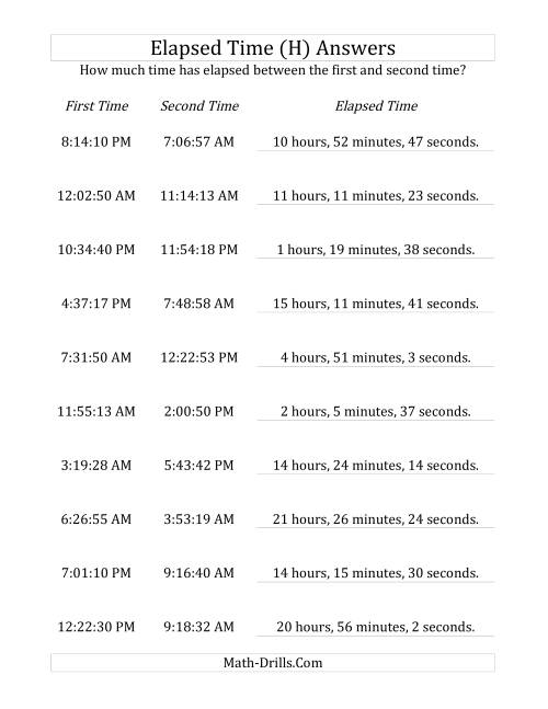 The Elapsed Time up to 24 Hours in 1 Minute and 1 Second Intervals (H) Math Worksheet Page 2
