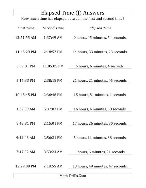 The Elapsed Time up to 24 Hours in 1 Minute and 1 Second Intervals (J) Math Worksheet Page 2