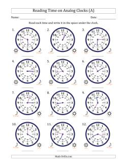 Reading 24 Hour Time on Analog Clocks in 1 Minute Intervals (12 Clocks)