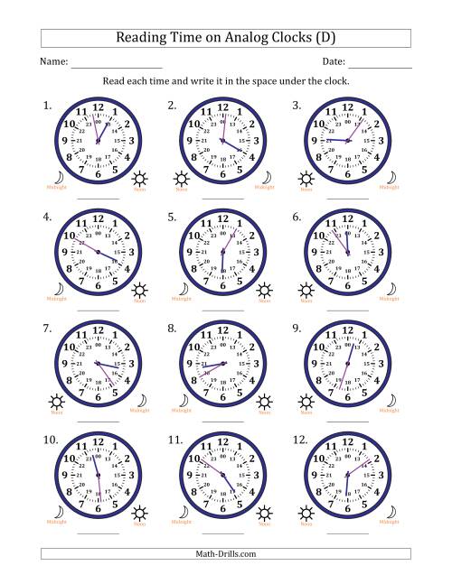 The Reading 24 Hour Time on Analog Clocks in 1 Minute Intervals (12 Clocks) (D) Math Worksheet