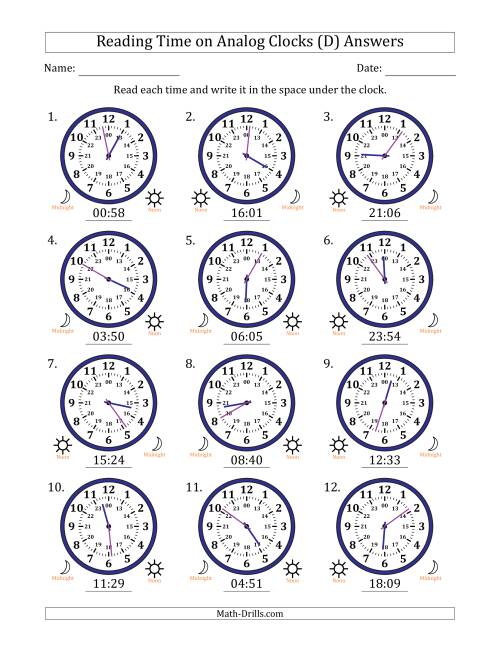 The Reading 24 Hour Time on Analog Clocks in 1 Minute Intervals (12 Clocks) (D) Math Worksheet Page 2