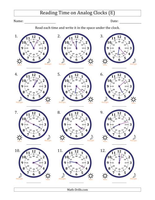 The Reading 24 Hour Time on Analog Clocks in 1 Minute Intervals (12 Clocks) (E) Math Worksheet