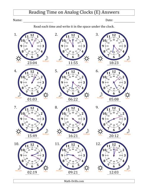 The Reading 24 Hour Time on Analog Clocks in 1 Minute Intervals (12 Clocks) (E) Math Worksheet Page 2