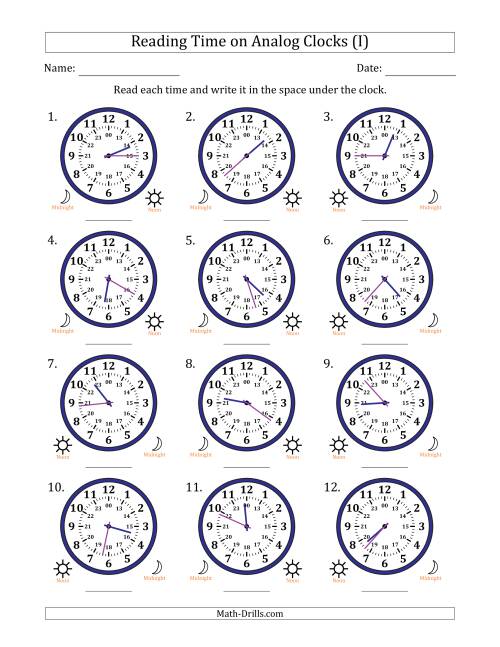 The Reading 24 Hour Time on Analog Clocks in 1 Minute Intervals (12 Clocks) (I) Math Worksheet