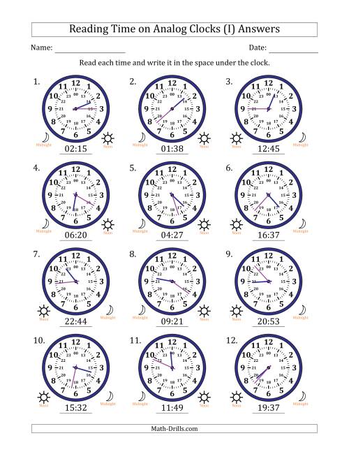 The Reading 24 Hour Time on Analog Clocks in 1 Minute Intervals (12 Clocks) (I) Math Worksheet Page 2