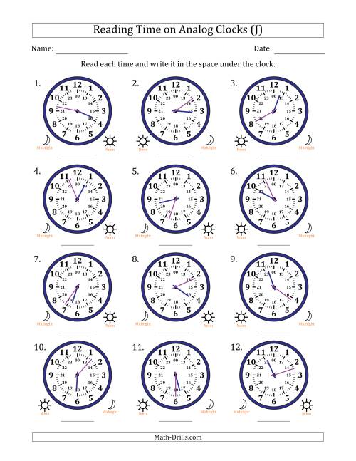 The Reading 24 Hour Time on Analog Clocks in 1 Minute Intervals (12 Clocks) (J) Math Worksheet
