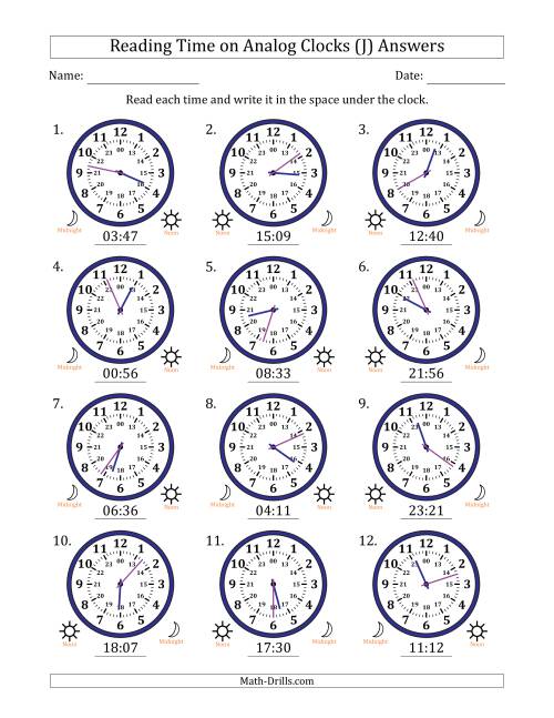 The Reading 24 Hour Time on Analog Clocks in 1 Minute Intervals (12 Clocks) (J) Math Worksheet Page 2
