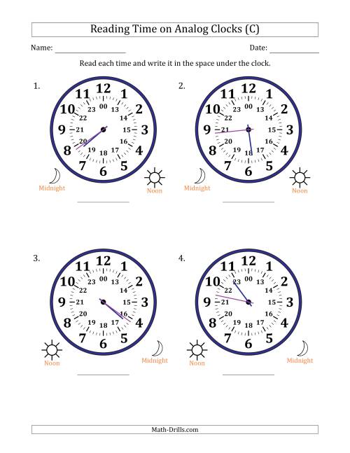 The Reading 24 Hour Time on Analog Clocks in 1 Minute Intervals (4 Large Clocks) (C) Math Worksheet