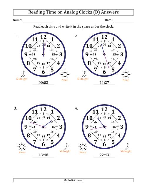 The Reading 24 Hour Time on Analog Clocks in 1 Minute Intervals (4 Large Clocks) (D) Math Worksheet Page 2