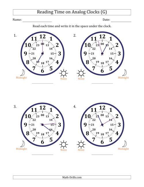 The Reading 24 Hour Time on Analog Clocks in 1 Minute Intervals (4 Large Clocks) (G) Math Worksheet