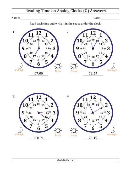 The Reading 24 Hour Time on Analog Clocks in 1 Minute Intervals (4 Large Clocks) (G) Math Worksheet Page 2