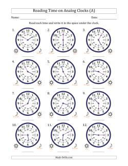 Reading 24 Hour Time on Analog Clocks in 5 Minute Intervals (12 Clocks)