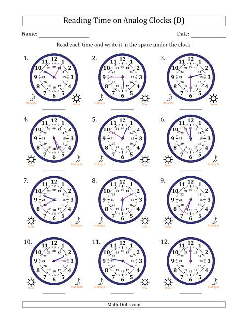The Reading 24 Hour Time on Analog Clocks in 5 Minute Intervals (12 Clocks) (D) Math Worksheet