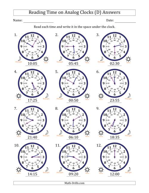 The Reading 24 Hour Time on Analog Clocks in 5 Minute Intervals (12 Clocks) (D) Math Worksheet Page 2