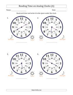 Reading 24 Hour Time on Analog Clocks in 5 Minute Intervals (4 Large Clocks)