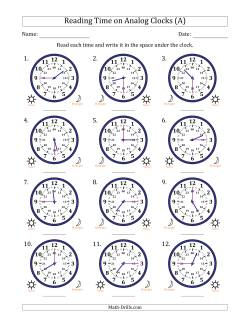 Reading 24 Hour Time on Analog Clocks in 15 Minute Intervals (12 Clocks)