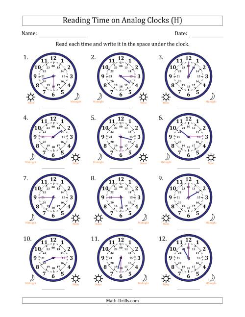 The Reading 24 Hour Time on Analog Clocks in 15 Minute Intervals (12 Clocks) (H) Math Worksheet
