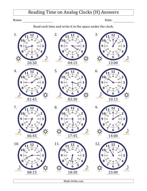 The Reading 24 Hour Time on Analog Clocks in 15 Minute Intervals (12 Clocks) (H) Math Worksheet Page 2