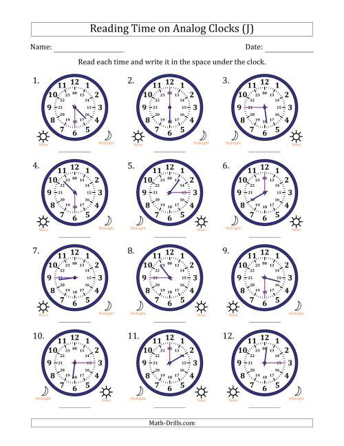 The Reading 24 Hour Time on Analog Clocks in 15 Minute Intervals (12 Clocks) (J) Math Worksheet