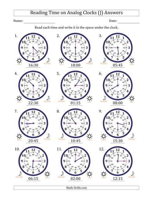 The Reading 24 Hour Time on Analog Clocks in 15 Minute Intervals (12 Clocks) (J) Math Worksheet Page 2