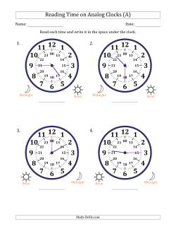 Reading 24 Hour Time on Analog Clocks in 15 Minute Intervals (4 Large Clocks)