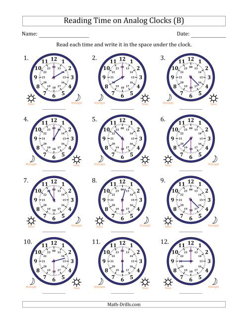 The Reading 24 Hour Time on Analog Clocks in 30 Minute Intervals (12 Clocks) (B) Math Worksheet