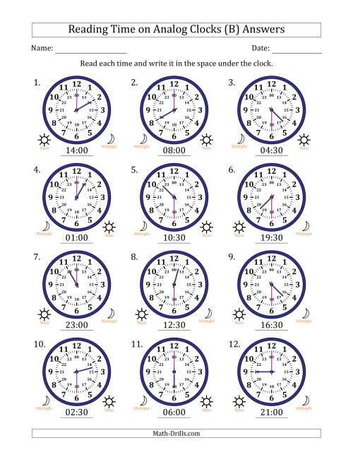 The Reading 24 Hour Time on Analog Clocks in 30 Minute Intervals (12 Clocks) (B) Math Worksheet Page 2