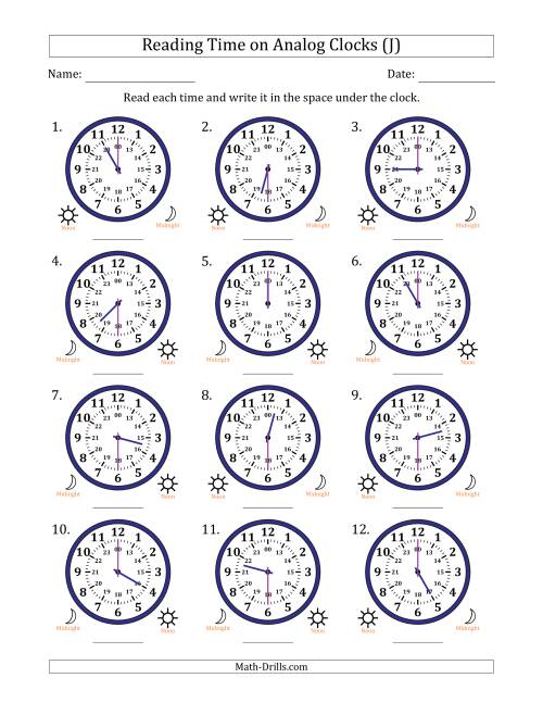 The Reading 24 Hour Time on Analog Clocks in 30 Minute Intervals (12 Clocks) (J) Math Worksheet