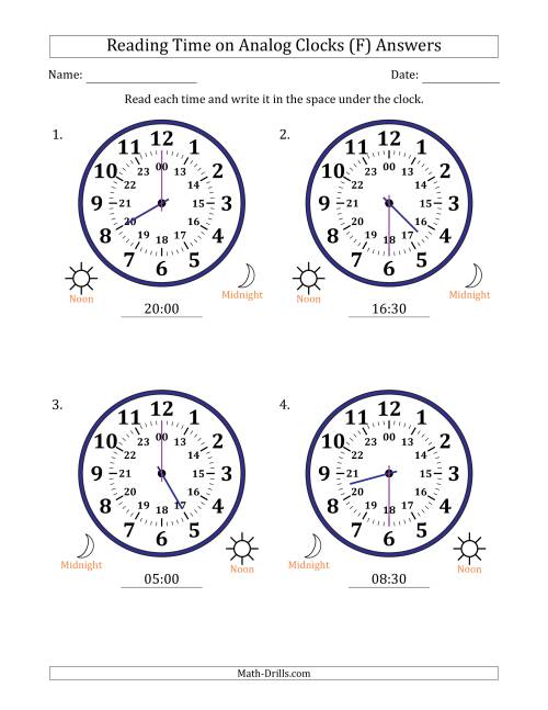 The Reading 24 Hour Time on Analog Clocks in 30 Minute Intervals (4 Large Clocks) (F) Math Worksheet Page 2