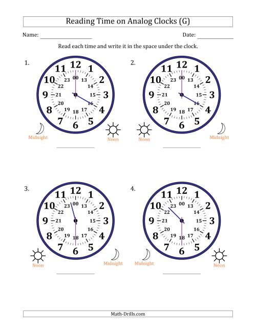 The Reading 24 Hour Time on Analog Clocks in 30 Minute Intervals (4 Large Clocks) (G) Math Worksheet
