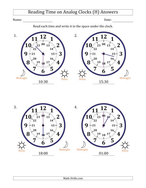 The Reading 24 Hour Time on Analog Clocks in 30 Minute Intervals (4 Large Clocks) (H) Math Worksheet Page 2