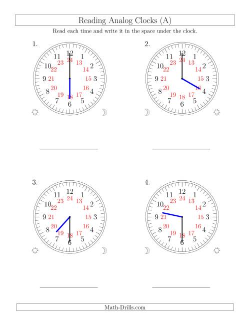 The Reading Time on 24 Hour Analog Clocks in Half Hour Intervals (Large Clocks) (Old) Math Worksheet