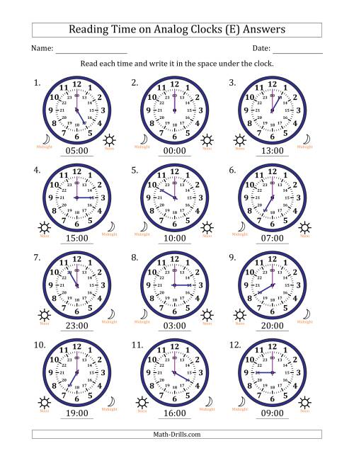 The Reading 24 Hour Time on Analog Clocks in One Hour Intervals (12 Clocks) (E) Math Worksheet Page 2