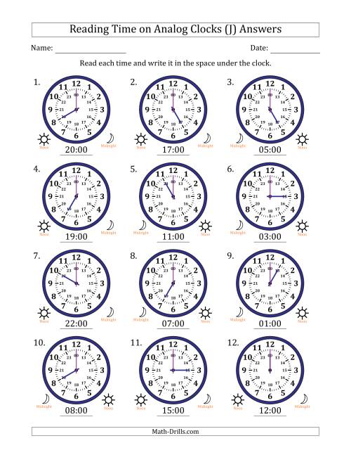 The Reading 24 Hour Time on Analog Clocks in One Hour Intervals (12 Clocks) (J) Math Worksheet Page 2